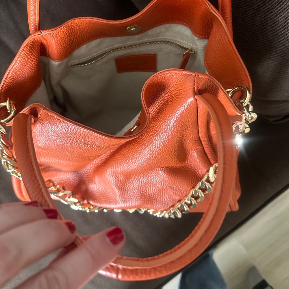 Orange Leather Tote with Chain Detailing